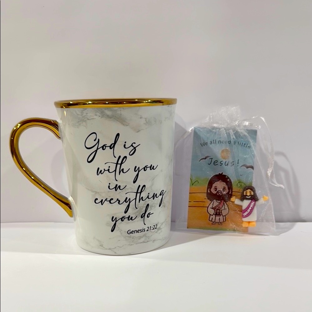 Inspirational White and Gold Mug (safe for microwave)with a small Jesus figure